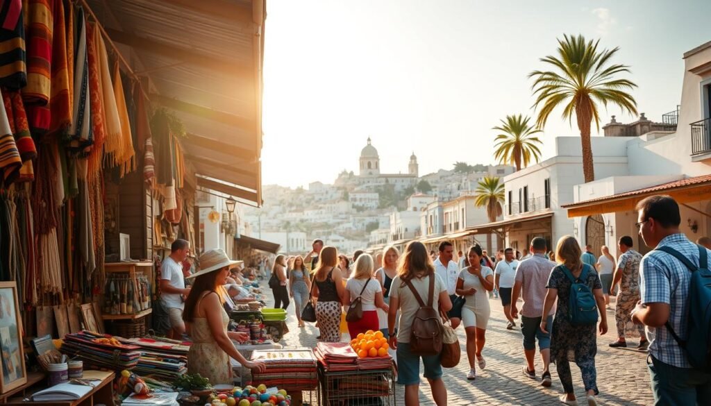 A vibrant open-air market during a sunny day, with travelers browsing handcrafted goods and local produce. In the foreground, a merchant's stall displays a colorful array of textiles, souvenirs, and artisanal items. In the middle ground, people engage in lively exchanges, haggling and negotiating deals. The background features a picturesque cityscape, with cobblestone streets, whitewashed buildings, and the occasional palm tree swaying in a gentle breeze. Soft, warm lighting casts a golden glow, evoking a sense of tranquility and opportunity. The overall scene conveys the excitement and potential of selling products and services while exploring a new destination. A vibrant open-air market during a sunny day, with travelers browsing handcrafted goods and local produce. In the foreground, a merchant's stall displays a colorful array of textiles, souvenirs, and artisanal items. In the middle ground, people engage in lively exchanges, haggling and negotiating deals. The background features a picturesque cityscape, with cobblestone streets, whitewashed buildings, and the occasional palm tree swaying in a gentle breeze. Soft, warm lighting casts a golden glow, evoking a sense of tranquility and opportunity. The overall scene conveys the excitement and potential of selling products and services while exploring a new destination.