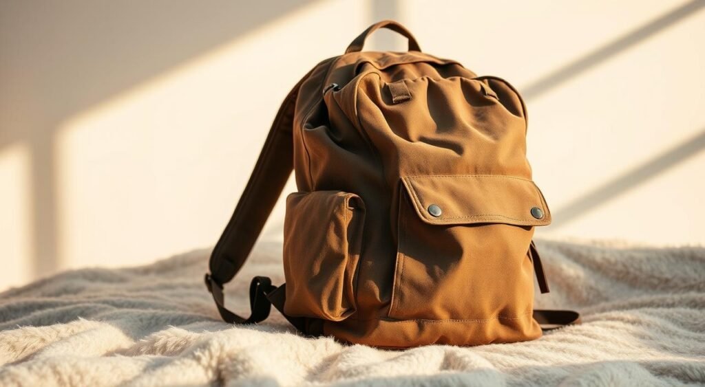 A well-worn, rugged backpack in earthy tones, its fabric gently weathered by the elements. The mochila rests on a soft, plush surface, inviting the viewer to imagine its comfort and utility. Warm, natural lighting casts subtle shadows, highlighting the bag's durable construction and thoughtful design. In the background, a serene, minimalist setting evokes a sense of tranquility and simplicity - the perfect companion for the modern digital nomad seeking comfort and well-being on the go. Uma mochila robusta e desgastada em tons terrosos, com o tecido delicadamente desgastado pelas intempéries. A mochila repousa sobre uma superfície macia e macia, convidando o observador a imaginar seu conforto e utilidade. A iluminação natural e quente projeta sombras sutis, destacando a estrutura durável e o design cuidadoso da bolsa. Ao fundo, um cenário sereno e minimalista evoca uma sensação de tranquilidade e simplicidade – a companhia perfeita para o nômade digital moderno que busca conforto e bem-estar em qualquer lugar.