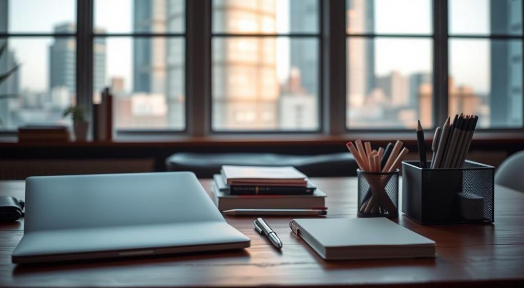 An organized workspace filled with minimalist office supplies, neatly arranged on a wooden desk. Soft, warm lighting casts a cozy glow, creating a serene and focused atmosphere. In the background, a blurred cityscape seen through large windows, representing the dynamic lifestyle of a digital nomad. The desktop features a sleek laptop, a clean notebook, and a simple desk organizer, symbolizing efficiency and productivity on the move. The image conveys a sense of intentionality, where every item has its place, enabling the digital nomad to stay organized and inspired, even while constantly on the go. Um espaço de trabalho organizado, repleto de materiais de escritório minimalistas, dispostos com capricho sobre uma mesa de madeira. Uma iluminação suave e aconchegante cria um ambiente sereno e focado. Ao fundo, uma paisagem urbana desfocada, vista através de grandes janelas, representa o estilo de vida dinâmico de um nômade digital. A mesa conta com um laptop elegante, um notebook limpo e um organizador de mesa simples, simbolizando eficiência e produtividade em movimento. A imagem transmite uma sensação de intencionalidade, onde cada item tem seu lugar, permitindo que o nômade digital se mantenha organizado e inspirado, mesmo em constante movimento.