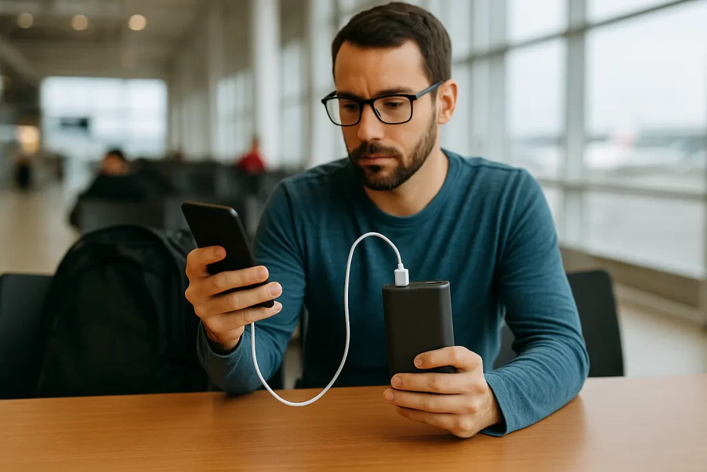um nômade usando o power bank no aeroporto ou café