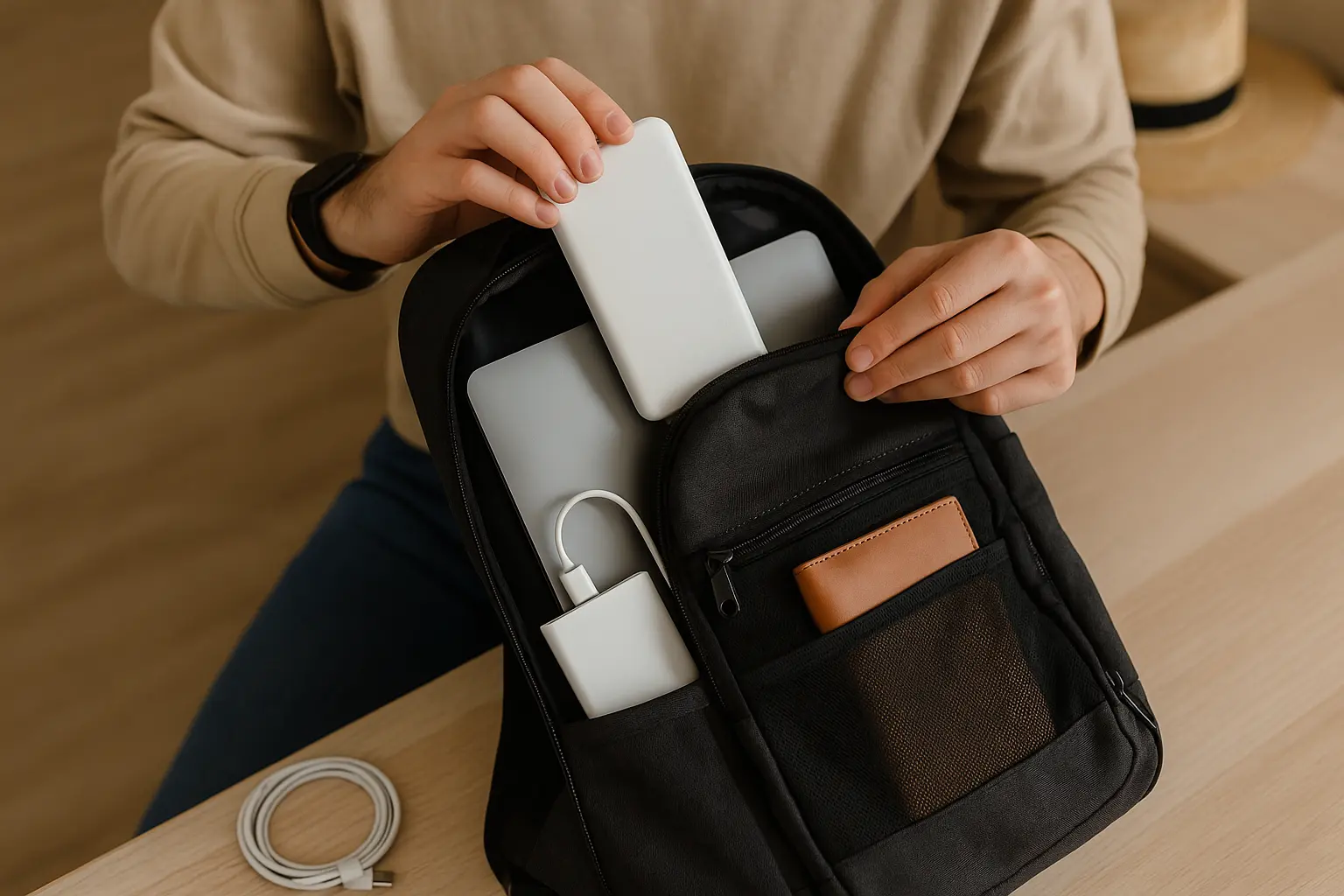 pessoa organizando a mochila com um power bank