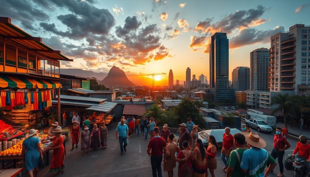 Vibrant regional contrasts of Brazil: A bustling marketplace in the Northeast, traditional gauchos on the Southern plains, indigenous tribes in the Amazon rainforest, and modern skyscrapers of the Southeast. Diverse landscapes, architecture, and cultural traditions create a mosaic of distinct identities. Warm sunset lighting illuminates the scene, inviting the viewer to explore the nuanced differences that shape the nation. Shot with a wide-angle lens to capture the breadth of these regional variations, the image conveys a sense of unity amidst the country's remarkable diversity. Vibrant regional contrasts of Brazil: A bustling marketplace in the Northeast, traditional gauchos on the Southern plains, indigenous tribes in the Amazon rainforest, and modern skyscrapers of the Southeast. Diverse landscapes, architecture, and cultural traditions create a mosaic of distinct identities. Warm sunset lighting illuminates the scene, inviting the viewer to explore the nuanced differences that shape the nation. Shot with a wide-angle lens to capture the breadth of these regional variations, the image conveys a sense of unity amidst the country's remarkable diversity.