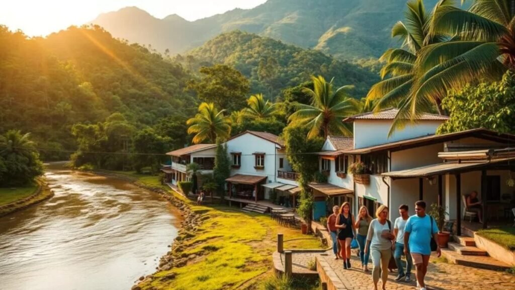 A breathtaking Colombian landscape, bathed in warm, golden sunlight, with a lush, verdant backdrop of towering palm trees and vibrant foliage. In the foreground, a quaint, whitewashed village nestled along a tranquil, winding river, its charming architecture and cobblestone streets exuding a welcoming, relaxed atmosphere. A group of digital nomads, laptops in hand, can be seen exploring the town's lively markets and cozy cafes, immersed in the local culture and embracing the country's renowned hospitality. The scene conveys a sense of serenity, adventure, and the perfect balance of work and leisure for the modern, location-independent lifestyle. Os melhores lugares na América do Sul para nômades