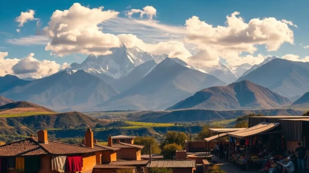 A vibrant, sun-drenched scene of Peru's captivating landscapes, perfect for digital nomads. In the foreground, a picturesque village with charming adobe houses and colorful textiles drying in the breeze. Towering, snow-capped Andean peaks rise majestically in the middle ground, their jagged silhouettes casting long shadows over verdant valleys below. In the background, a bustling market overflows with local produce, artisanal crafts, and the tantalizing aromas of Peruvian cuisine. Warm, golden light filters through wispy clouds, infusing the entire tableau with a sense of timeless wonder and cultural richness. A visually striking representation of Peru's enduring allure for adventurous, location-independent travelers. Os melhores lugares na América do Sul para nômades