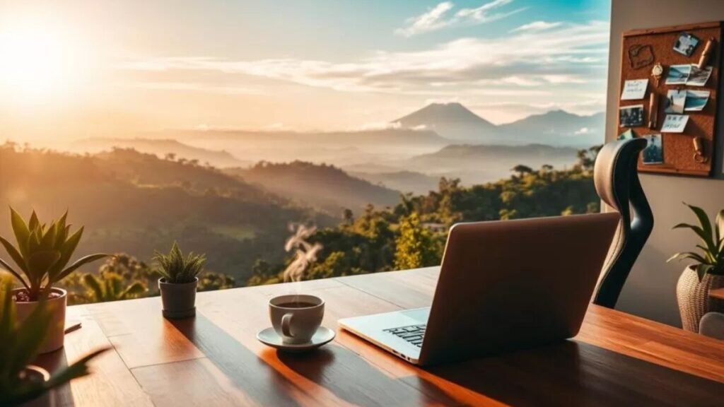 A serene digital nomad workspace set against the backdrop of lush South American landscapes. In the foreground, a wooden desk with a sleek laptop, a cup of steaming coffee, and a potted plant. Midground features a comfortable, ergonomic chair and a wall-mounted cork board with inspirational notes and travel photos. The background showcases a panoramic view of rolling hills, verdant forests, and a distant mountain range bathed in warm, golden sunlight filtering through wispy clouds. The lighting is soft and natural, creating a calming, productive atmosphere. The composition evokes a sense of tranquility, focus, and the freedom to work from anywhere. Os melhores lugares na América do Sul para nômades