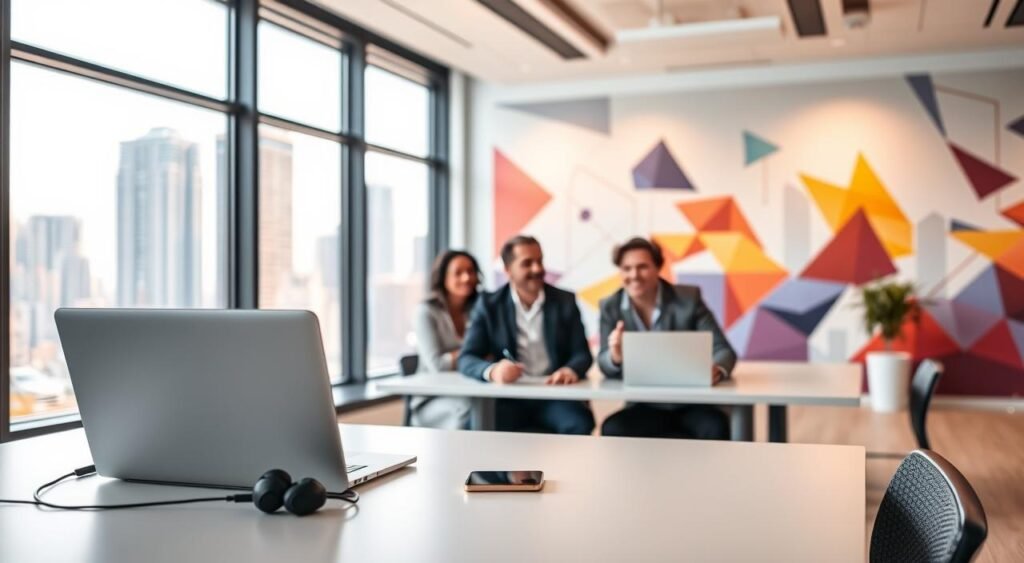 A bright, modern office space with large windows overlooking a bustling city skyline. In the foreground, a sleek, minimalist desk with a laptop, smartphone, and wireless headphones, symbolizing seamless communication and collaboration. The middle ground features a group of professionals engaged in a video call, their faces animated and engaged. Warm, indirect lighting casts a soft glow, creating an atmosphere of productivity and connectivity. The background showcases an abstract, geometric mural in a vibrant color palette, subtly alluding to the digital tools and networks that enable remote work. Overall, the scene conveys a sense of efficiency, clarity, and the power of technology to facilitate effective communication from anywhere. Ferramentas indispensáveis