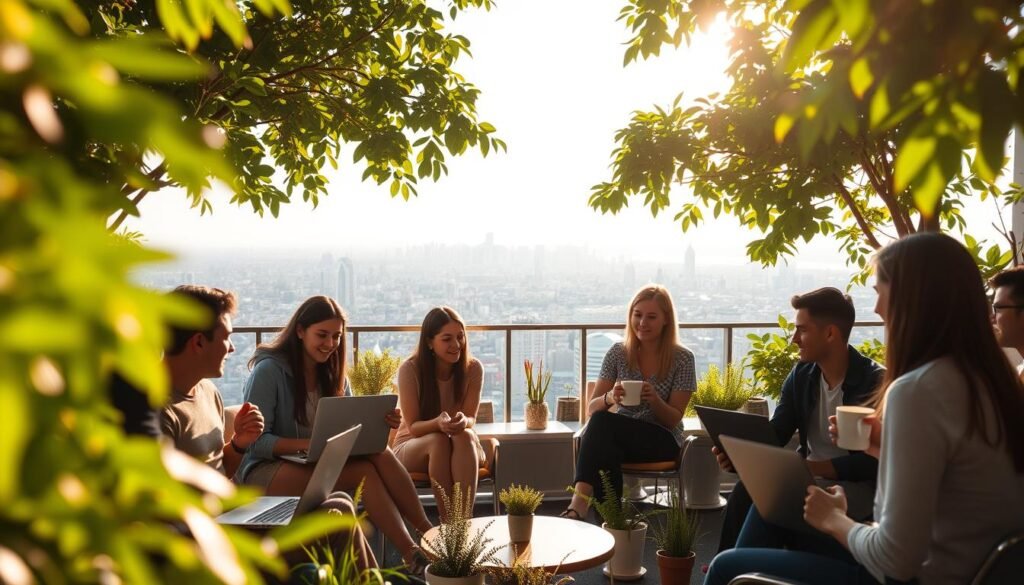A cozy digital nomad community gathering, bathed in warm afternoon sunlight filtering through lush foliage. In the foreground, a group of young professionals engaged in lively conversation, laptops and coffee mugs in hand. The middle ground reveals a vibrant shared workspace, with clusters of ergonomic furniture and potted plants fostering a collaborative atmosphere. In the background, a panoramic view of a bustling city skyline, symbolic of the global connectivity empowering this mobile lifestyle. The overall scene conveys a sense of purpose, community, and the synergies that emerge when location-independent workers come together to network, share knowledge, and support one another's professional endeavors.