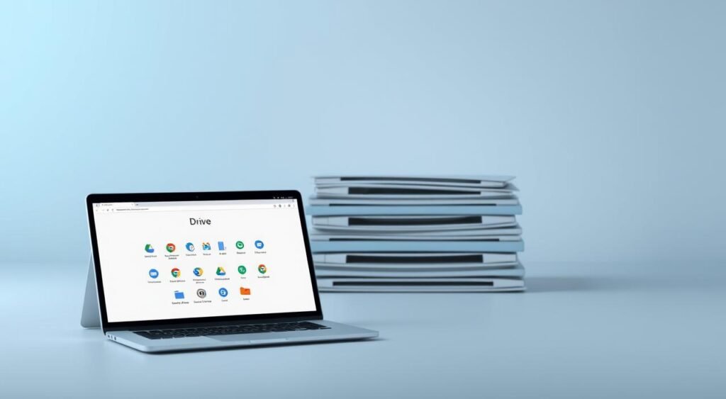 A dynamic and organized cloud storage system, Google Drive, laid out in a sleek, minimalist design. The foreground features a laptop display showcasing the Drive interface, with elegant icons and a clean, intuitive layout. The middle ground depicts neatly stacked folders, symbolizing a well-organized file structure. In the background, a soft gradient of pastel blues and grays creates a calming, professional atmosphere, complementing the technology-focused scene. Subtle lighting casts a gentle glow, highlighting the smooth surfaces and refined aesthetic. The overall composition conveys the sense of a powerful, yet user-friendly cloud-based solution for seamless online work and file management. A dynamic and organized cloud storage system, Google Drive, laid out in a sleek, minimalist design. The foreground features a laptop display showcasing the Drive interface, with elegant icons and a clean, intuitive layout. The middle ground depicts neatly stacked folders, symbolizing a well-organized file structure. In the background, a soft gradient of pastel blues and grays creates a calming, professional atmosphere, complementing the technology-focused scene. Subtle lighting casts a gentle glow, highlighting the smooth surfaces and refined aesthetic. The overall composition conveys the sense of a powerful, yet user-friendly cloud-based solution for seamless online work and file management.