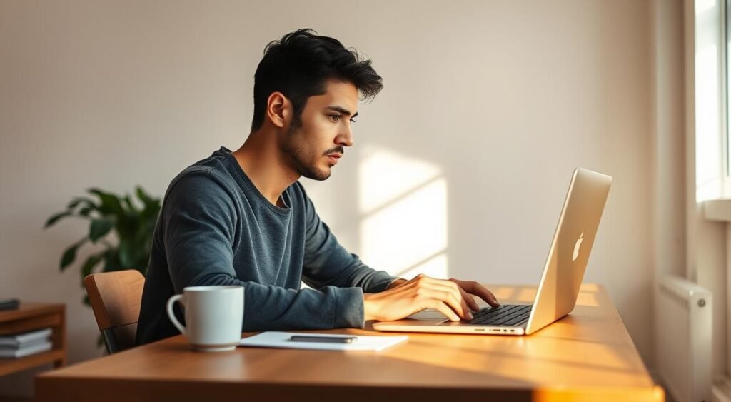 A focused, hardworking digital nomad sitting at a minimalist wooden desk in a sun-drenched room, deep in thought, their face illuminated by the warm glow of a laptop screen. The space is clean and organized, with a plant and a cup of coffee nearby, creating a serene, productive atmosphere. The lighting is soft and natural, casting subtle shadows that accentuate the subject's features. The camera captures the scene from a slightly elevated angle, conveying a sense of tranquility and focus. Trabalhar na estrada