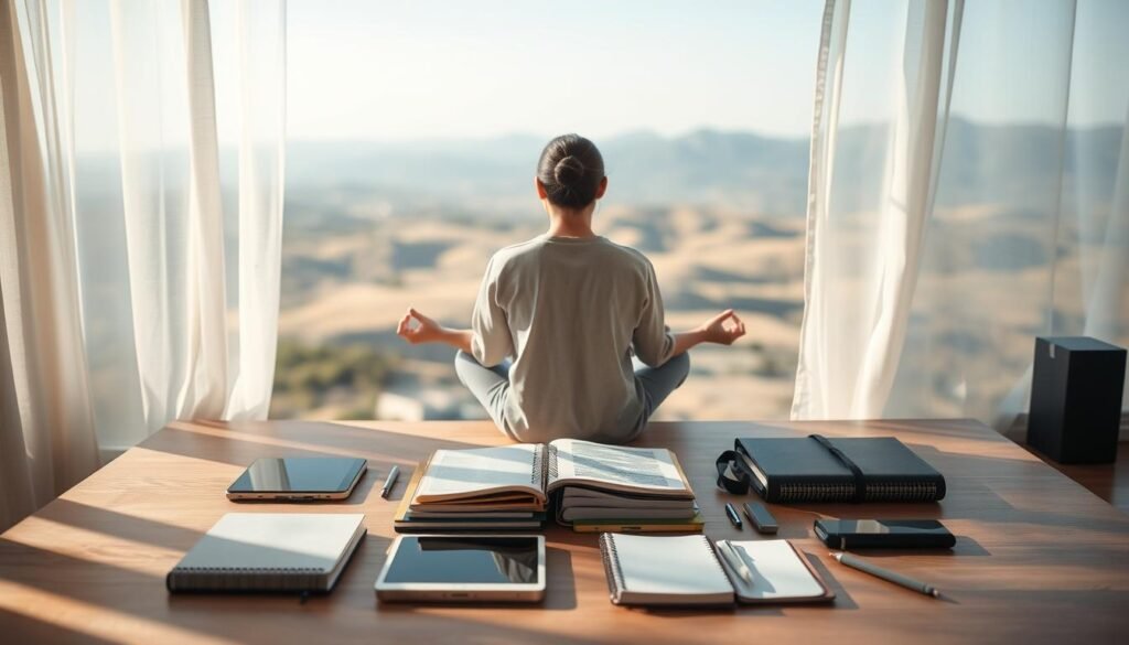 A nomadic figure in meditation, surrounded by a minimalist workspace. Soft natural lighting filters through sheer curtains, creating a serene ambiance. Meticulously organized digital devices, notebooks, and writing tools are arranged in a grid-like pattern, reflecting a disciplined approach to productivity. In the background, a blurred landscape of rolling hills and distant mountains evokes a sense of freedom and adventure. The composition conveys the harmonious balance between structured routine and the boundless exploration of the nomadic lifestyle.