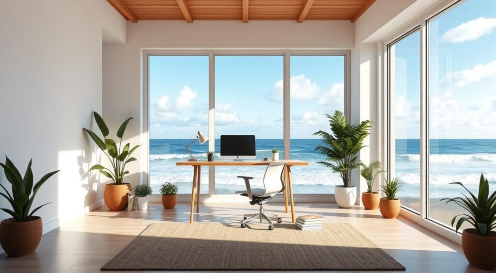 A serene home office with large windows overlooking a tranquil seaside vista. Soft natural light filters in, illuminating a sleek and modern workspace. A minimalist wooden desk and ergonomic chair create a productive yet calming atmosphere. The background features a stunning ocean panorama, with crashing waves and a vibrant blue sky dotted with fluffy white clouds. Potted plants and a cozy rug add warmth and a sense of balance. An air of focus, comfort and security pervades the scene, reflecting the concept of "segurança" - a safe, productive and inspiring remote working environment. A serene home office with large windows overlooking a tranquil seaside vista. Soft natural light filters in, illuminating a sleek and modern workspace. A minimalist wooden desk and ergonomic chair create a productive yet calming atmosphere. The background features a stunning ocean panorama, with crashing waves and a vibrant blue sky dotted with fluffy white clouds. Potted plants and a cozy rug add warmth and a sense of balance. An air of focus, comfort and security pervades the scene, reflecting the concept of "segurança" - a safe, productive and inspiring remote working environment.