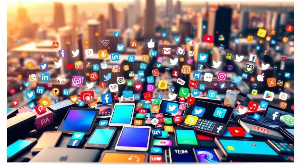 A vibrant and dynamic social media landscape, showcasing a diverse array of platforms and devices. In the foreground, a central arrangement of smartphones, tablets, and laptops, their screens illuminated with colorful icons and interfaces. In the middle ground, a myriad of social media logos and symbols, cascading across the composition like a digital tapestry. The background features a blurred cityscape, hinting at the global connectivity and ubiquity of social media in the modern world. The scene is bathed in warm, diffused lighting, creating a sense of energy and engagement. The overall atmosphere conveys the importance of social media as a powerful tool for communication, marketing, and presence in the modern digital landscape. A vibrant and dynamic social media landscape, showcasing a diverse array of platforms and devices. In the foreground, a central arrangement of smartphones, tablets, and laptops, their screens illuminated with colorful icons and interfaces. In the middle ground, a myriad of social media logos and symbols, cascading across the composition like a digital tapestry. The background features a blurred cityscape, hinting at the global connectivity and ubiquity of social media in the modern world. The scene is bathed in warm, diffused lighting, creating a sense of energy and engagement. The overall atmosphere conveys the importance of social media as a powerful tool for communication, marketing, and presence in the modern digital landscape.