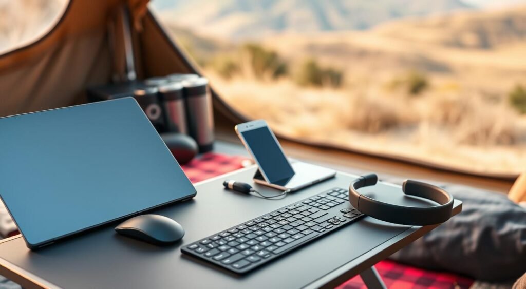 A well-equipped digital nomad's workspace on the go. In the foreground, a sleek laptop, a compact mouse, and a portable keyboard sit atop a sturdy, foldable standing desk. In the middle ground, a smartphone, a tablet, and noise-cancelling headphones are neatly arranged, ready for on-the-move productivity. The background features a cozy, outdoor setting with a picturesque natural landscape, capturing the essence of working remotely and embracing the freedom of the digital nomad lifestyle. Soft, warm lighting illuminates the scene, creating an inviting and productive atmosphere. Ferramentas indispensáveis para trabalhar online na estrada