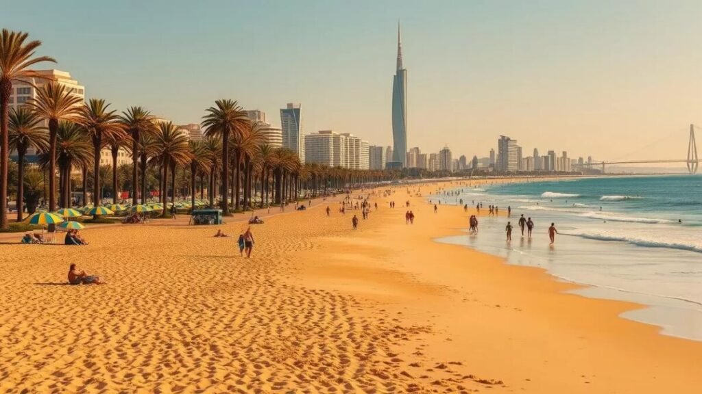A sun-drenched urban beach in Valencia, Spain. In the foreground, golden sand dotted with colorful umbrellas and beachgoers enjoying the Mediterranean waves. In the middle ground, a promenade lined with palm trees and bustling with joggers, cyclists, and strolling locals. In the background, the iconic architecture of the city skyline, with the towering, futuristic-looking City of Arts and Sciences complex as the focal point. The scene is bathed in warm, golden light, creating a vibrant and lively atmosphere. The composition captures the essence of Valencia's thriving beach culture and its blend of natural and built environments. Os 10 melhores destinos para trabalhar remoto em 2025