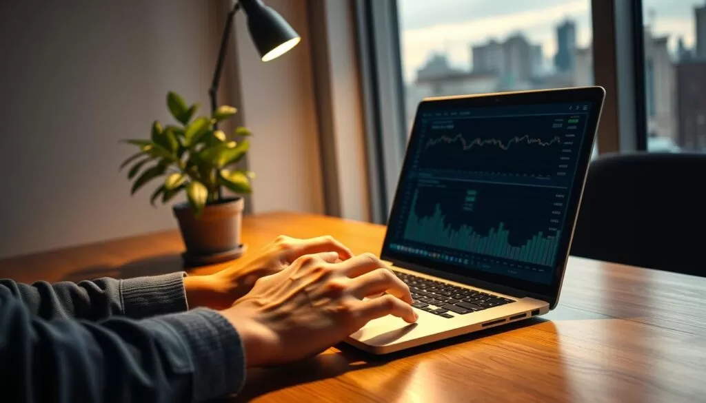 A serene, well-lit office scene with a wooden desk, a potted plant, and a laptop. In the foreground, a person's hands are examining financial charts and graphs on the laptop screen, signifying deep analysis of investment options. The background features a large window overlooking a cityscape, conveying a sense of urban prosperity. Subtle lighting casts a warm, focused glow on the desk, creating an atmosphere of contemplation and financial decision-making. The overall scene evokes a sense of diligence, financial acumen, and the pursuit of passive income through investments in ETFs and dividend-paying stocks.