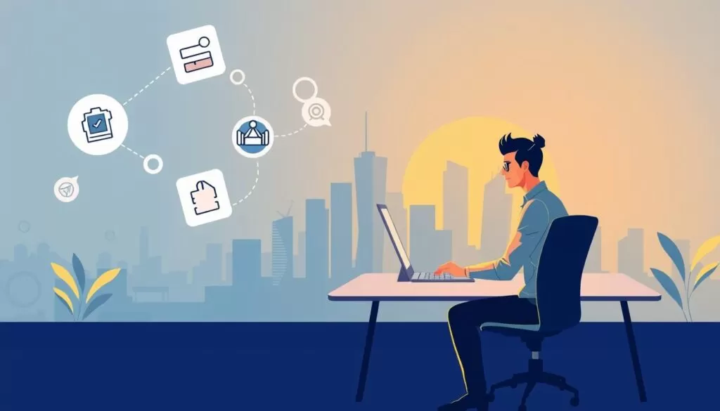 A vibrant, minimalist illustration showcasing tips for freelancers to stand out. In the foreground, a confident freelancer working at a sleek, modern desk, surrounded by floating icons representing key skills and strategies - creativity, communication, networking, personal branding. In the middle ground, a city skyline with a warm, golden-hour glow, symbolizing the opportunities and success that await. The background features a subtle, blurred pattern of overlapping freelance-related shapes and symbols, creating a sense of dynamism and forward momentum. Soft, directional lighting casts dramatic shadows, lending depth and drama to the scene. The overall mood is one of inspiration, professionalism, and the promise of a thriving freelance career.