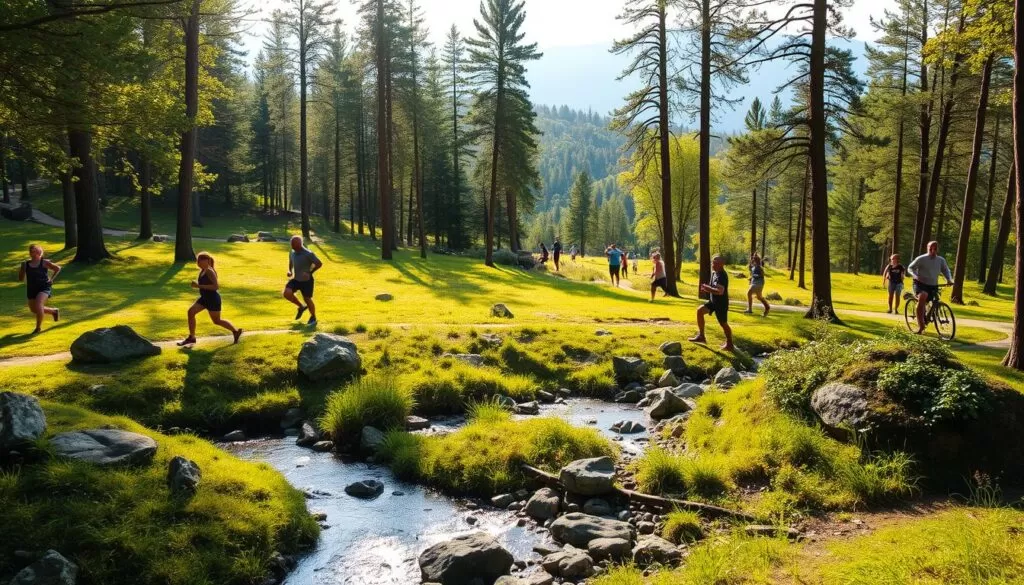 Outdoor activities to break the routine: A lush forest clearing with sunbeams filtering through the canopy, illuminating a group of people engaged in various physical pursuits - jogging, cycling, yoga, and calisthenics. In the foreground, a tranquil stream winds its way through the landscape, its gentle sounds creating a calming ambiance. The middle ground features a mix of grassy areas and rocky outcroppings, providing a diverse terrain for exploration and exercise. In the background, rolling hills and distant mountains create a picturesque backdrop, conveying a sense of freedom and adventure. The scene exudes a warm, energetic atmosphere, inspiring viewers to venture out and try new outdoor activities to maintain an active lifestyle.