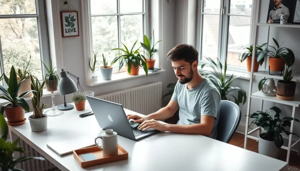a digital nomad sitting at a laptop in a cozy, well-lit home office, coding a mobile application with a focus on productivity and location-independent lifestyles, surrounded by houseplants, a minimalist desk setup, and natural light filtering in through large windows, creating a serene and inspiring workspace for a freelance developer or remote worker