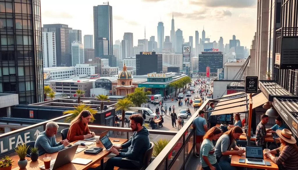 A bustling cityscape with a diverse array of digital nomad-friendly professions. In the foreground, a coworking space with freelance designers, software engineers, and digital marketers collaborating over laptops and coffee. In the middle ground, a street lined with cafes and co-living spaces, people working remotely from their laptops. In the background, a skyline of modern high-rises and tech company headquarters, conveying a thriving hub of remote-friendly career opportunities. The scene is bathed in warm, natural lighting, capturing the energy and flexibility of the digital nomad lifestyle.