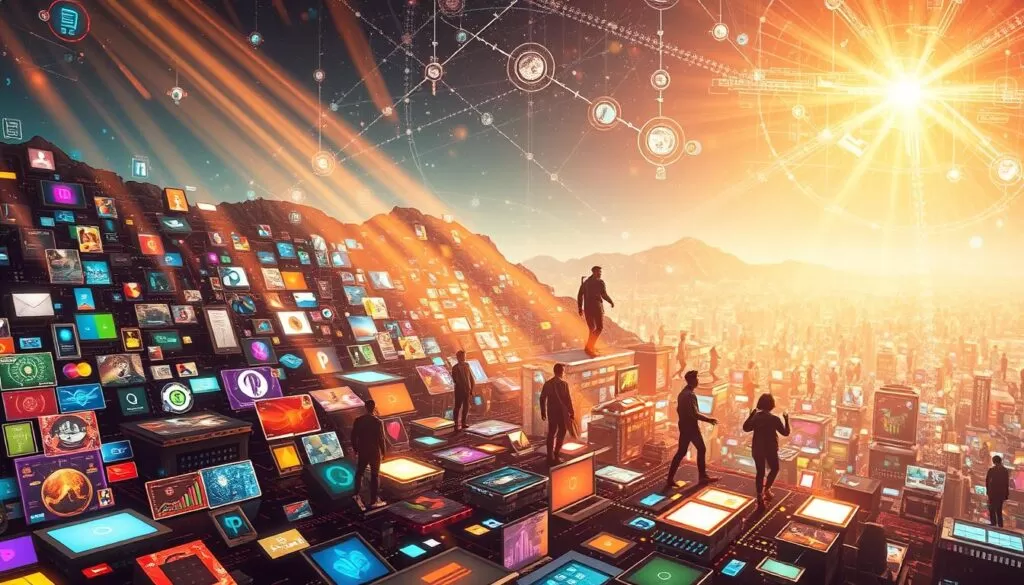 A bustling digital landscape, where opportunities abound like shimmering gems. In the foreground, a mosaic of colorful digital platforms, their interfaces inviting and seamless. Rays of warm light cascade across the scene, illuminating the potential within. In the middle ground, dynamic figures navigate these virtual realms, their gestures and expressions exuding a sense of exploration and discovery. The background unfolds with a tapestry of interconnected networks, data streams, and emerging technologies, hinting at the boundless possibilities that lie ahead. An atmosphere of innovation, empowerment, and endless potential permeates the air, beckoning the viewer to dive into this digital world of opportunities. A bustling digital landscape, where opportunities abound like shimmering gems. In the foreground, a mosaic of colorful digital platforms, their interfaces inviting and seamless. Rays of warm light cascade across the scene, illuminating the potential within. In the middle ground, dynamic figures navigate these virtual realms, their gestures and expressions exuding a sense of exploration and discovery. The background unfolds with a tapestry of interconnected networks, data streams, and emerging technologies, hinting at the boundless possibilities that lie ahead. An atmosphere of innovation, empowerment, and endless potential permeates the air, beckoning the viewer to dive into this digital world of opportunities.