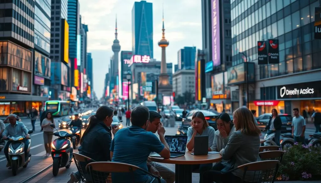 A bustling urban landscape, with modern high-rise buildings and vibrant, neon-lit streets. In the foreground, a group of digitally-connected nomads gather around a cafe table, laptops open and smartphones in hand, discussing their travel plans. The middle ground features a mix of pedestrians, electric scooters, and public transportation, all reflecting the dynamic, ever-changing nature of a digital nomad's lifestyle. In the background, iconic landmarks and global landmarks serve as a backdrop, hinting at the diverse destinations these nomads might visit. The scene is bathed in a warm, golden hour glow, creating a sense of adventure and excitement. Cinematic camera angles and a shallow depth of field draw the viewer's eye to the central figures, capturing the essence of a digital nomad's journey.