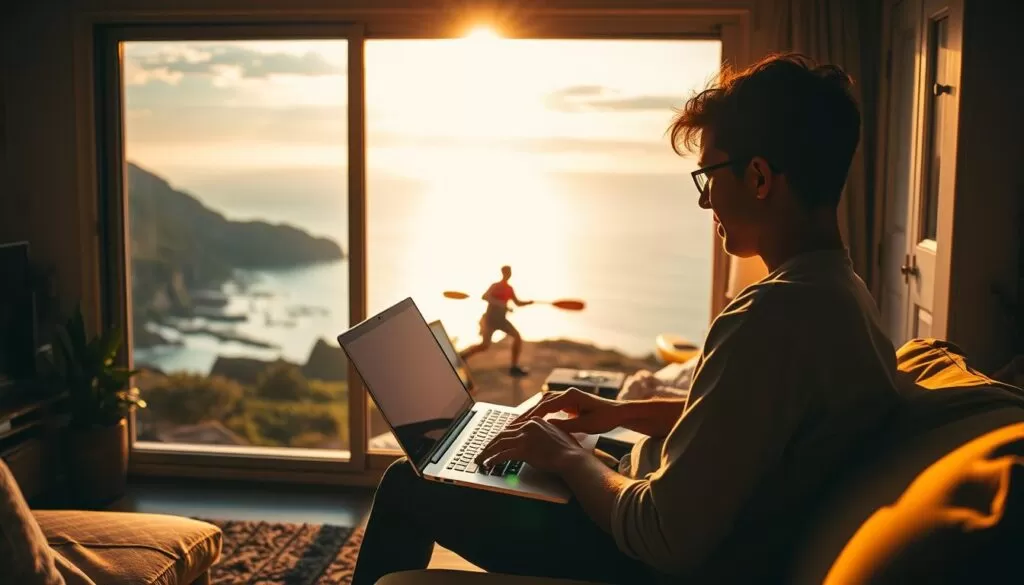 A digital nomad's daily routine of work and leisure, captured in a vibrant, cinematic frame. In the foreground, a person sits at a laptop, typing intently, framed by a large window overlooking a breathtaking coastal landscape. The middle ground features a cozy, minimalist living space, complete with a comfortable-looking couch and a few personal touches. In the background, the scene transitions to an outdoor setting, showcasing the digital nomad enjoying various leisure activities - hiking, kayaking, or simply taking in the stunning natural surroundings. Warm, diffused lighting casts a golden glow over the entire scene, creating a sense of tranquility and balance between work and play.
