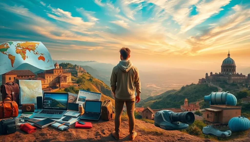 A digital nomad's journey unfolds in a vibrant world of exploration. In the foreground, a person stands amidst a collage of maps, laptops, and travel essentials, symbolizing the planning process. The middle ground features a dreamlike landscape, with rolling hills, winding roads, and diverse architectural elements hinting at potential destinations. The background showcases a breathtaking sky, painted with warm hues and wispy clouds, conveying a sense of freedom and adventure. Soft, directional lighting accentuates the scene, creating depth and capturing the essence of a well-crafted travel itinerary. This image embodies the step-by-step planning of a nomadic journey, inspiring exploration and the pursuit of a life beyond borders.