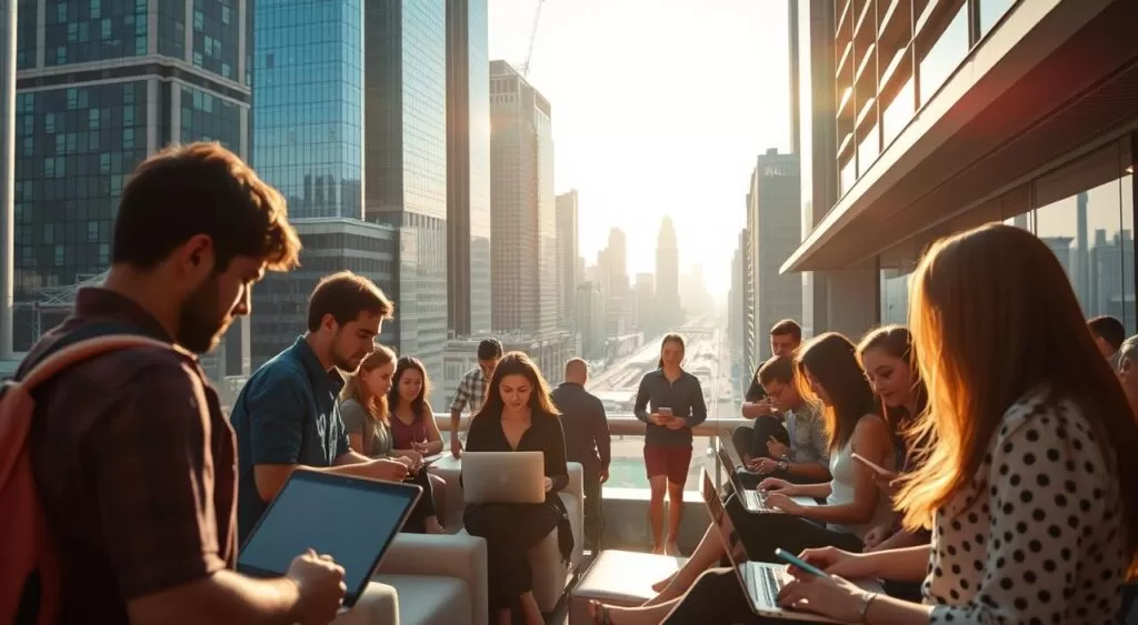 A diverse group of digital nomads, their laptops and mobile devices in hand, navigate a vibrant cityscape. Sunlight filters through modern skyscrapers, casting a warm glow on the scene. In the foreground, a coworking space bustles with activity, its open layout and sleek furnishings reflecting the nomadic lifestyle. In the middle ground, individuals work independently or collaborate, their expressions focused yet relaxed. The background reveals a panoramic view of the city, its streets and infrastructure seamlessly integrating with the digital world. This image captures the essence of connectivity and adaptability that defines the digital nomad experience. Um grupo diversificado de nômades digitais, com seus laptops e dispositivos móveis em mãos, navega por uma vibrante paisagem urbana. A luz do sol filtra-se pelos modernos arranha-céus, lançando um brilho acolhedor ao cenário. Em primeiro plano, um espaço de coworking fervilha de atividade, com seu layout aberto e mobiliário elegante refletindo o estilo de vida nômade. No meio, indivíduos trabalham de forma independente ou colaborativa, com expressões focadas, porém relaxadas. O fundo revela uma vista panorâmica da cidade, suas ruas e infraestrutura, integrando-se perfeitamente ao mundo digital. Esta imagem captura a essência da conectividade e adaptabilidade que define a experiência do nômade digital.