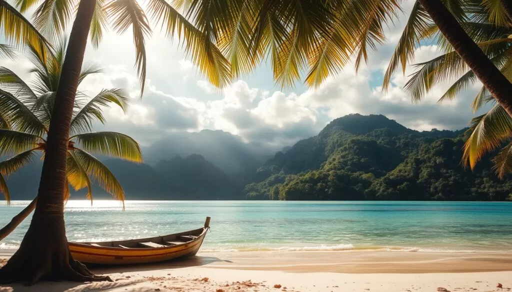 A lush, tropical paradise on the island of Koh Phangan, Thailand. Swaying palm trees frame a pristine, turquoise-blue ocean lapping against a white sandy beach. Dramatic, jungle-covered hills rise in the background, casting soft shadows over the scene. Warm, golden sunlight filters through wispy clouds, creating a dreamy, serene atmosphere. A small, traditional Thai fishing boat rests peacefully in the shallows, hinting at the tranquil island lifestyle. The overall impression is one of unspoiled natural beauty and the promise of a true tropical escape.