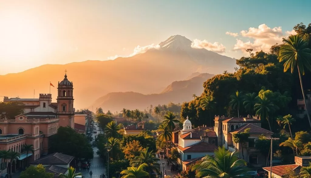 A lush, vibrant landscape of South American destinations for digital nomads. A foreground of bustling city streets, towering colonial architecture, and sun-drenched plazas. In the middle ground, majestic Andean peaks rise, their snow-capped summits glinting in the warm light. The background opens to verdant rainforests, cascading waterfalls, and serene beaches. Warm, saturated colors evoke the vibrant culture. Dramatic, cinematic lighting casts long shadows and highlights the dynamic textures. Composed with a wide, panoramic angle to capture the grand scale of these inspiring, adventure-filled locales.