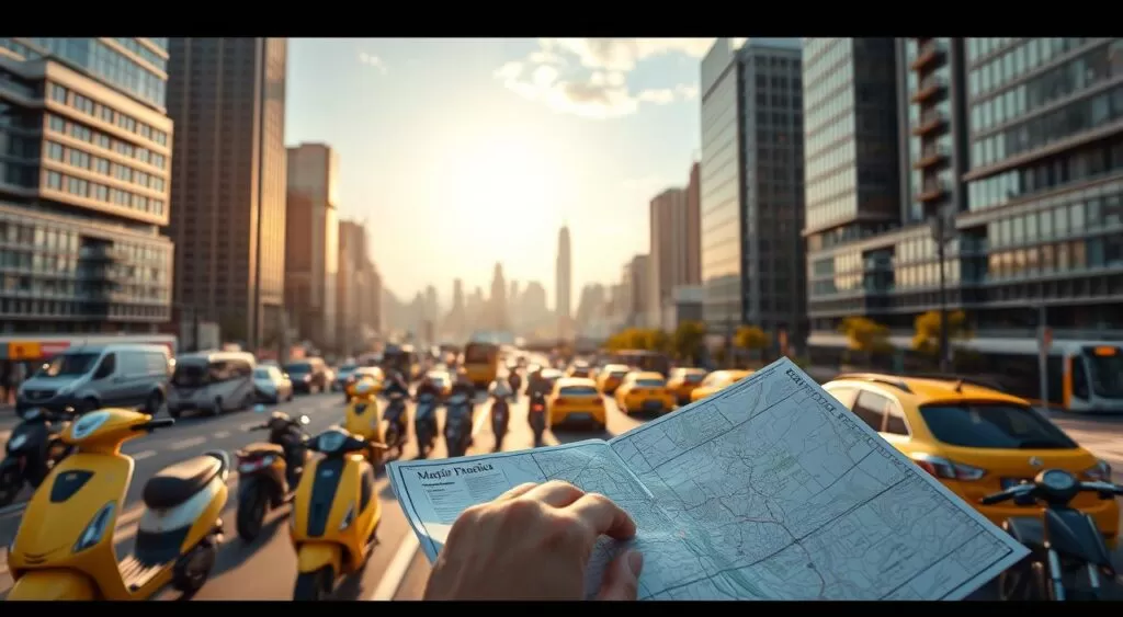A meticulously crafted cityscape bustling with various modes of transportation, from sleek electric scooters and bicycles to iconic yellow taxis, all set against the backdrop of a sprawling urban landscape. In the foreground, a traveler consults a detailed, tactile map, their fingers tracing the winding streets as they plan their efficient route through the vibrant metropolis. Warm afternoon sunlight filters through towering skyscrapers, casting a soft, inviting glow over the scene. The atmosphere is one of purposeful movement and discovery, perfectly capturing the essence of the "Transporte e mapas" section of the article. Uma paisagem urbana meticulosamente elaborada, repleta de diversos meios de transporte, desde elegantes patinetes elétricos e bicicletas até os icônicos táxis amarelos, tudo isso tendo como pano de fundo uma paisagem urbana extensa. Em primeiro plano, um viajante consulta um mapa detalhado e tátil, seus dedos percorrendo as ruas sinuosas enquanto planeja sua rota eficiente pela vibrante metrópole. A cálida luz do sol da tarde filtra-se pelos arranha-céus imponentes, lançando um brilho suave e convidativo sobre a cena. A atmosfera é de movimento e descoberta propositais, capturando perfeitamente a essência da seção "Transporte e mapas" do artigo.