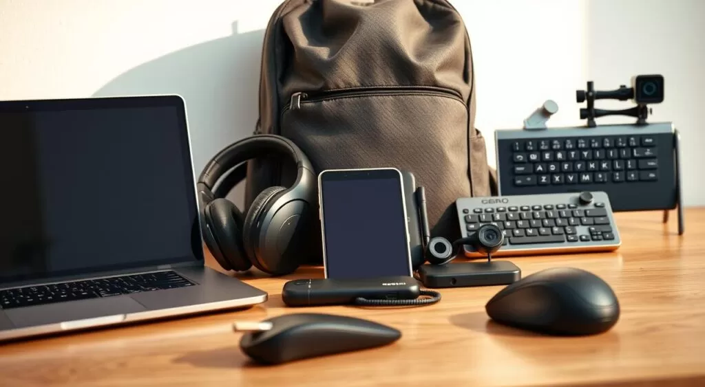 A stylish and minimalist composition of essential technological items for the modern digital nomad. In the foreground, a sleek ultrabook laptop, a compact wireless mouse, and a high-quality noise-cancelling headphone set. In the middle ground, a smartphone with a high-resolution camera, a portable power bank, and a USB-C hub with various connectivity options. In the background, a slim and durable backpack with a dedicated laptop compartment, complemented by a portable wireless keyboard and a compact action camera. The entire scene is bathed in warm, natural lighting, captured with a wide-angle lens to emphasize the purposeful and compact nature of these versatile technological tools. Uma composição elegante e minimalista de itens tecnológicos essenciais para o nômade digital moderno. Em primeiro plano, um ultrabook elegante, um mouse sem fio compacto e um fone de ouvido de alta qualidade com cancelamento de ruído. No meio, um smartphone com câmera de alta resolução, um carregador portátil e um hub USB-C com diversas opções de conectividade. Ao fundo, uma mochila fina e durável com um compartimento dedicado para laptop, complementada por um teclado sem fio portátil e uma câmera de ação compacta. Toda a cena é banhada por uma iluminação natural e aconchegante, capturada com uma lente grande angular para enfatizar a natureza funcional e compacta dessas versáteis ferramentas tecnológicas.