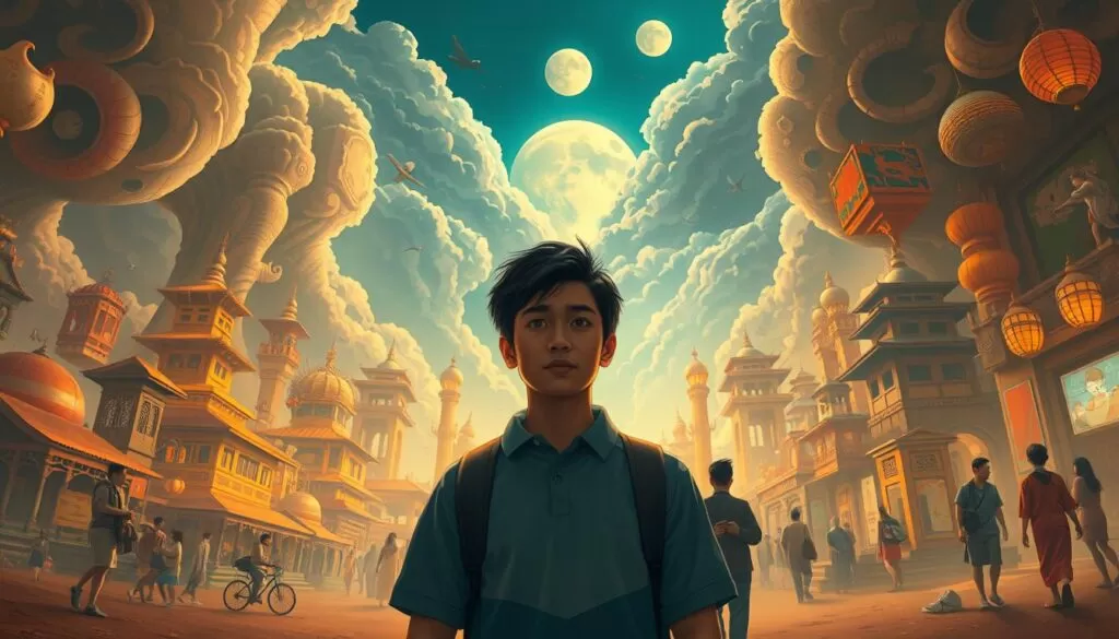 A surreal, cinematic illustration depicting the four phases of cultural shock. In the foreground, a person stands bewildered, their expression shifting from confusion to frustration, as they navigate an unfamiliar landscape. The middle ground showcases a diverse array of cultural symbols, from architecture to clothing, creating a sense of disorientation. In the background, a dreamlike transition occurs, with the person gradually adapting and embracing the new environment, culminating in a serene, introspective moment of understanding. Warm, muted tones convey the emotional journey, while dynamic lighting and a wide-angle perspective heighten the sense of immersion. The overall atmosphere evokes the challenges and transformations inherent in the cultural shock experience. A surreal, cinematic illustration depicting the four phases of cultural shock. In the foreground, a person stands bewildered, their expression shifting from confusion to frustration, as they navigate an unfamiliar landscape. The middle ground showcases a diverse array of cultural symbols, from architecture to clothing, creating a sense of disorientation. In the background, a dreamlike transition occurs, with the person gradually adapting and embracing the new environment, culminating in a serene, introspective moment of understanding. Warm, muted tones convey the emotional journey, while dynamic lighting and a wide-angle perspective heighten the sense of immersion. The overall atmosphere evokes the challenges and transformations inherent in the cultural shock experience.