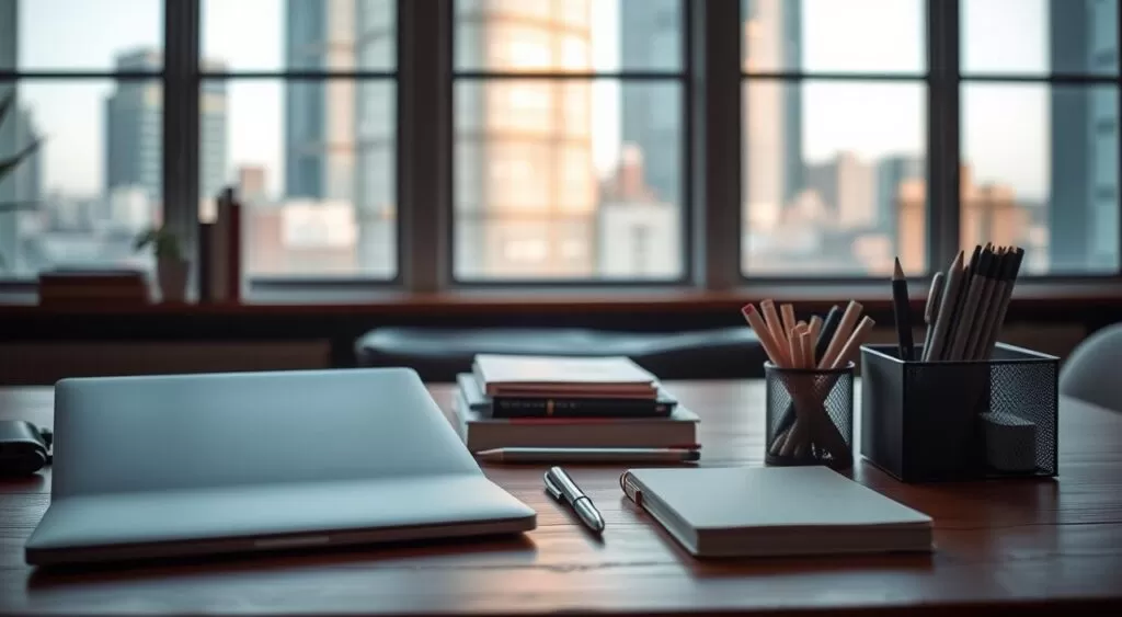 An organized workspace filled with minimalist office supplies, neatly arranged on a wooden desk. Soft, warm lighting casts a cozy glow, creating a serene and focused atmosphere. In the background, a blurred cityscape seen through large windows, representing the dynamic lifestyle of a digital nomad. The desktop features a sleek laptop, a clean notebook, and a simple desk organizer, symbolizing efficiency and productivity on the move. The image conveys a sense of intentionality, where every item has its place, enabling the digital nomad to stay organized and inspired, even while constantly on the go. Um espaço de trabalho organizado, repleto de materiais de escritório minimalistas, dispostos com capricho sobre uma mesa de madeira. Uma iluminação suave e aconchegante cria um ambiente sereno e focado. Ao fundo, uma paisagem urbana desfocada, vista através de grandes janelas, representa o estilo de vida dinâmico de um nômade digital. A mesa conta com um laptop elegante, um notebook limpo e um organizador de mesa simples, simbolizando eficiência e produtividade em movimento. A imagem transmite uma sensação de intencionalidade, onde cada item tem seu lugar, permitindo que o nômade digital se mantenha organizado e inspirado, mesmo em constante movimento.