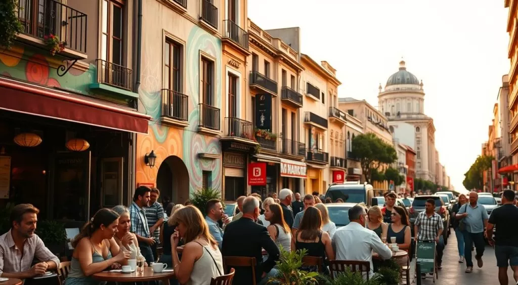 A bustling city street in Buenos Aires, Argentina, filled with vibrant energy and culture. In the foreground, a group of locals gather at a lively outdoor cafe, sipping their coffee and engaged in lively conversation. The middle ground features a colorful mural adorning the side of a building, showcasing the city's artistic flair. In the background, a mix of historic and modern architecture frames the scene, with a warm, golden-hour lighting casting a cozy glow over the entire composition. The atmosphere exudes a sense of community, creativity, and a zest for life that captures the essence of "cultura vibrante" in this dynamic South American metropolis.