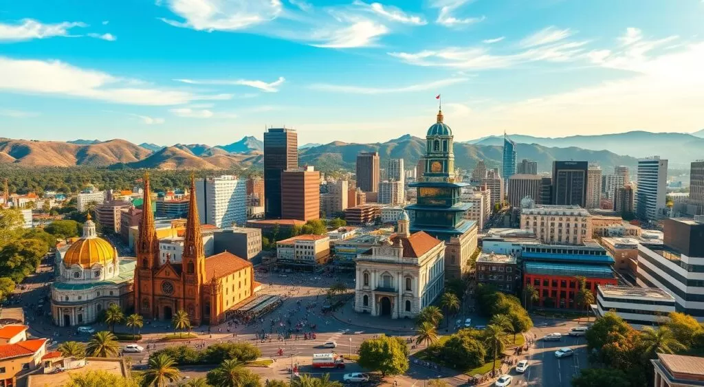 A bustling cityscape with towering skyscrapers and bustling streets, set against a backdrop of lush, rolling hills and a vibrant blue sky. In the foreground, a vibrant mix of modern architecture and historic landmarks, including a grand cathedral with ornate spires. Pedestrians and vehicles weave through the urban landscape, creating a sense of energy and activity. The scene is bathed in warm, golden light, lending a sense of warmth and vitality to the metropolitan hub. Captured through a wide-angle lens, the image conveys the scale and grandeur of this thriving Mexican metropolis, a dynamic and cosmopolitan destination for remote work and global exploration.