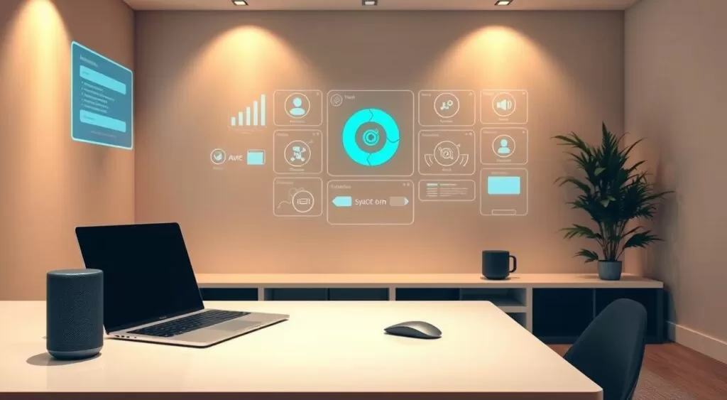 A modern and sleek office workspace with a minimalist desk featuring a laptop, mouse, and smart speaker. In the background, holographic displays and automation controls projected onto the walls, showcasing advanced productivity tools. Warm, soft lighting illuminates the scene, creating a focused and efficient atmosphere. The overall composition conveys the power of automation and scheduling to streamline workflows and save time for the remote professional.