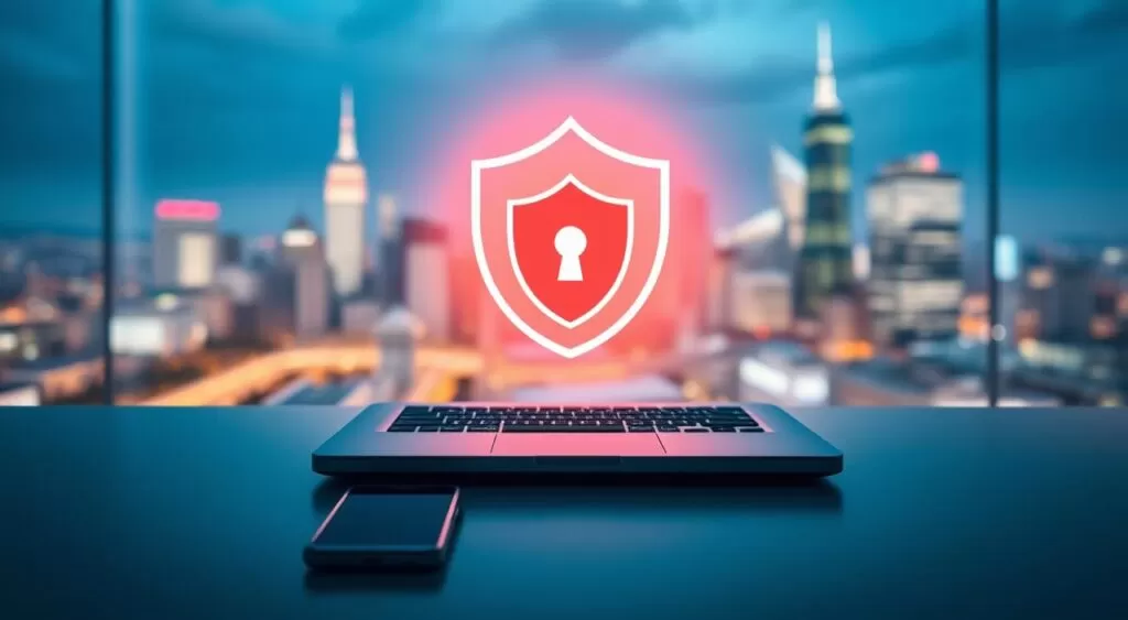 A serene and secure digital workspace, illuminated by a warm, diffused light. In the foreground, a laptop and smartphone sit atop a clean, uncluttered desk, symbolizing the tools of the modern remote professional. The middle ground features a stylized security shield, casting a protective glow over the workstation, conveying a sense of privacy and safeguarded productivity. In the background, a blurred cityscape scene evokes the idea of working on the go, with the iconic landmarks of a bustling metropolis subtly visible. The overall atmosphere is one of tranquility and confidence, inviting the viewer to envision a secure and productive remote work experience.