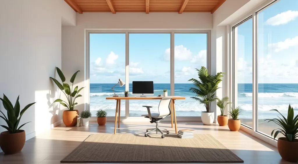 A serene home office with large windows overlooking a tranquil seaside vista. Soft natural light filters in, illuminating a sleek and modern workspace. A minimalist wooden desk and ergonomic chair create a productive yet calming atmosphere. The background features a stunning ocean panorama, with crashing waves and a vibrant blue sky dotted with fluffy white clouds. Potted plants and a cozy rug add warmth and a sense of balance. An air of focus, comfort and security pervades the scene, reflecting the concept of "segurança" - a safe, productive and inspiring remote working environment.