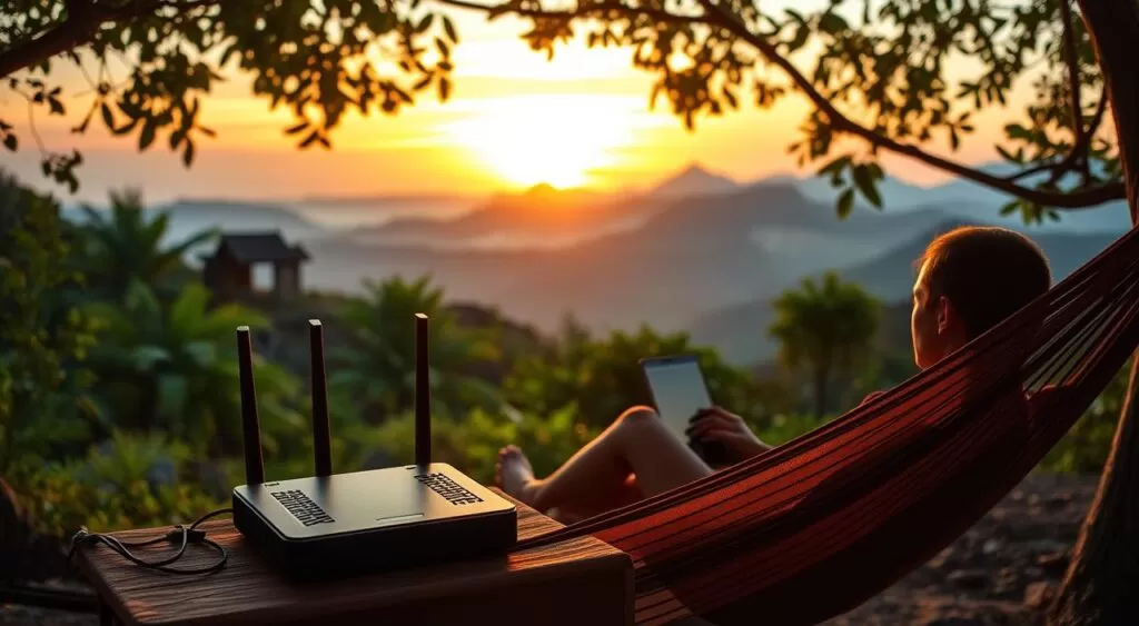 A serene, well-lit outdoor scene of a nomadic digital workspace. In the foreground, a person sits comfortably in a hammock, laptop open, surrounded by lush greenery and a scenic mountain vista. Midground features a compact, high-tech mobile router providing stable, fast internet connectivity. In the background, a picturesque sunset casts warm, golden light over the scene, creating a tranquil, atmospheric ambiance. The composition emphasizes the harmony between nature, technology, and the freedom of untethered, location-independent work. The overall mood evokes a sense of productive yet relaxed connectivity, capturing the essence of "Conectividade nômade".