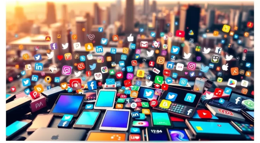 A vibrant and dynamic social media landscape, showcasing a diverse array of platforms and devices. In the foreground, a central arrangement of smartphones, tablets, and laptops, their screens illuminated with colorful icons and interfaces. In the middle ground, a myriad of social media logos and symbols, cascading across the composition like a digital tapestry. The background features a blurred cityscape, hinting at the global connectivity and ubiquity of social media in the modern world. The scene is bathed in warm, diffused lighting, creating a sense of energy and engagement. The overall atmosphere conveys the importance of social media as a powerful tool for communication, marketing, and presence in the modern digital landscape.